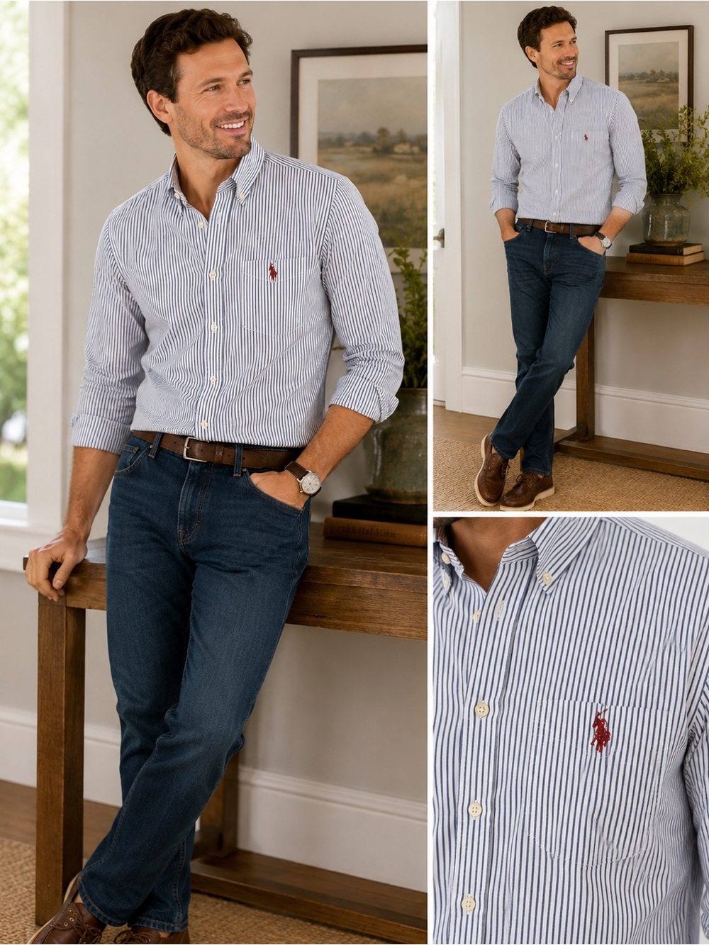 Polo by Ralph Lauren Navy and White Pinstripe Cotton Button-Down Shirt